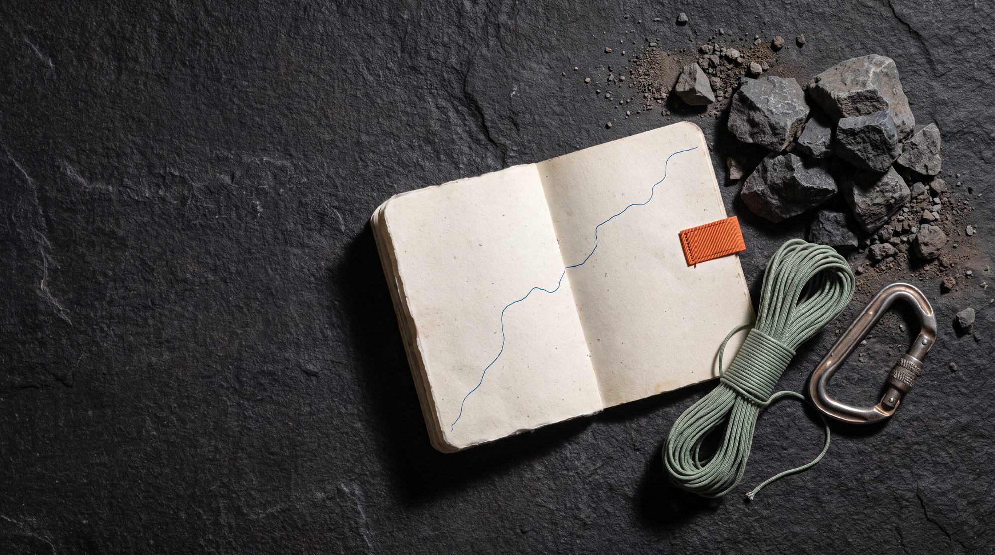 Cuaderno de ruta, cuerda y equipo sobre una superficie de roca oscura.